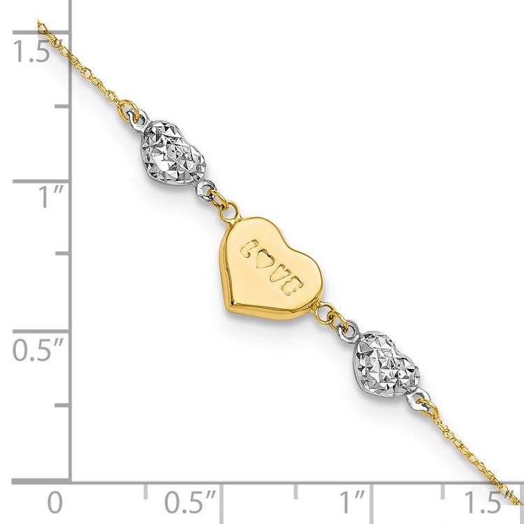 14K Two-tone Puffed LOVE Heart and Diamond-cut Beads 7 inch Bracelet Plus 1 inch Heart Dangle Extender