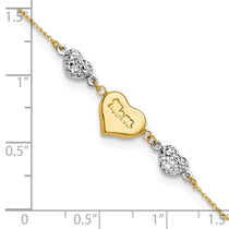 14K Two-tone Puffed MOM Heart and Diamond-cut Beads 7 inch Bracelet Plus 1 inch Heart Dangle Extender