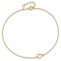 14K Textured and Polished Open Heart 9 inch Plus 1 inch Extender - Total 10 inch Anklet