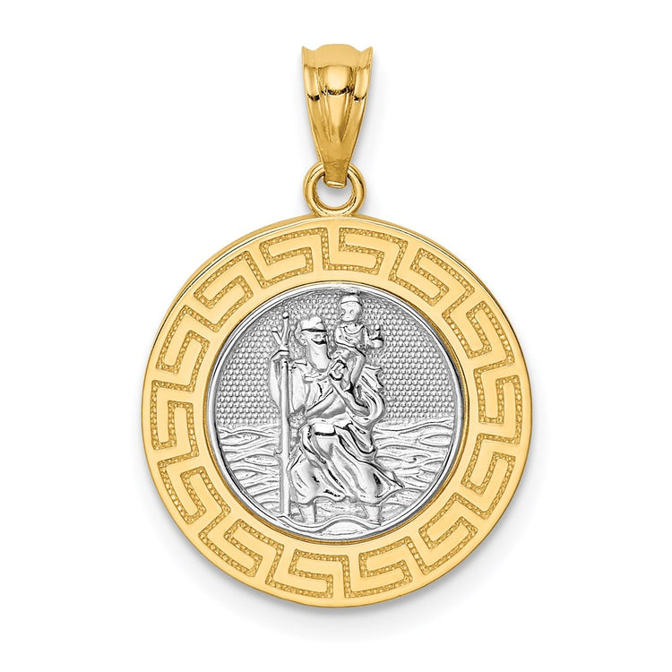 14K Yellow Gold + Rhodium St. Christopher Medal with Greek Key Edge