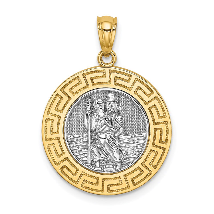 14K Yellow Gold + Rhodium St. Christopher Statement Medal with Greek Key Edge