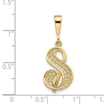 14KY Polished Script Filigree Letter S Initial Pendant
