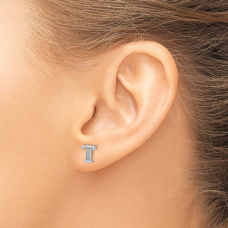 14k White Gold Diamond Initial T Post Earrings