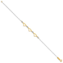14K Two-tone Hearts and Diamond-cut Beads 7.5 inch Bracelet