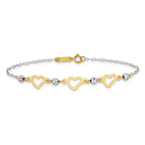 14K Two-tone Hearts and Diamond-cut Beads 7.5 inch Bracelet