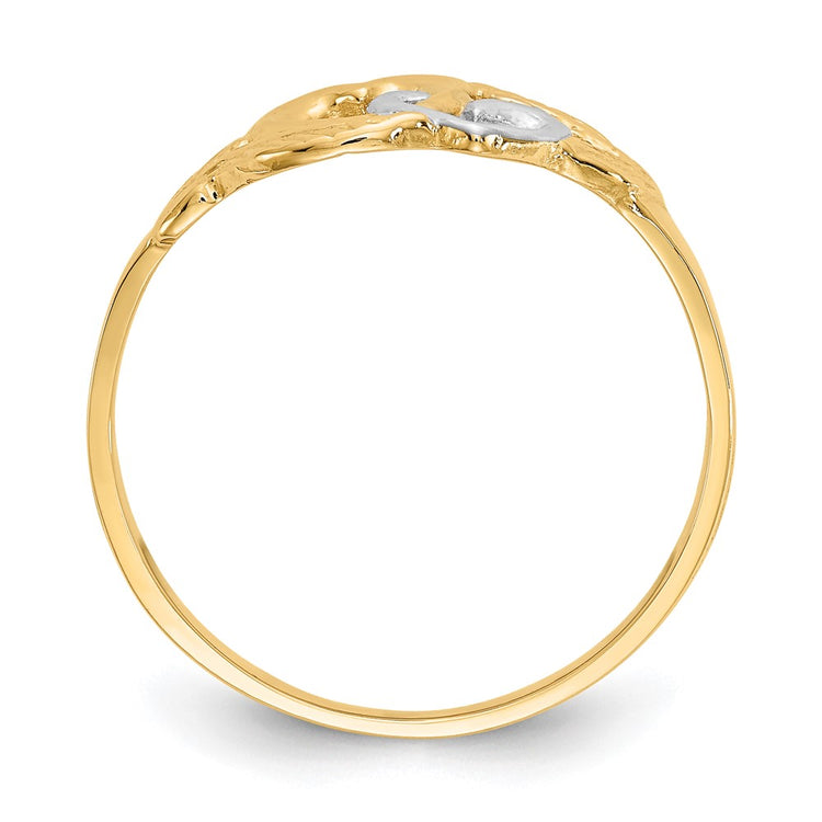 14K and White Rhodium Polished 2 Hearts and Leaves Ring