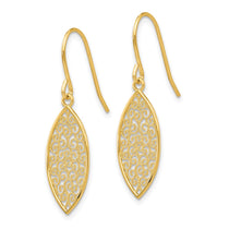 14k Fancy Filigree Pointed Oval Dangle French Hook Earrings