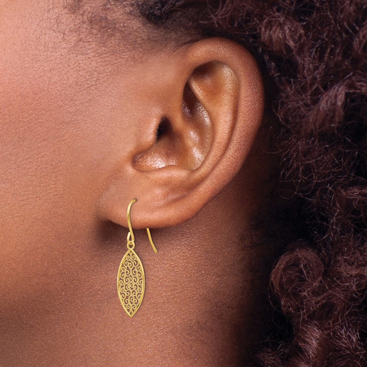 14k Fancy Filigree Pointed Oval Dangle French Hook Earrings