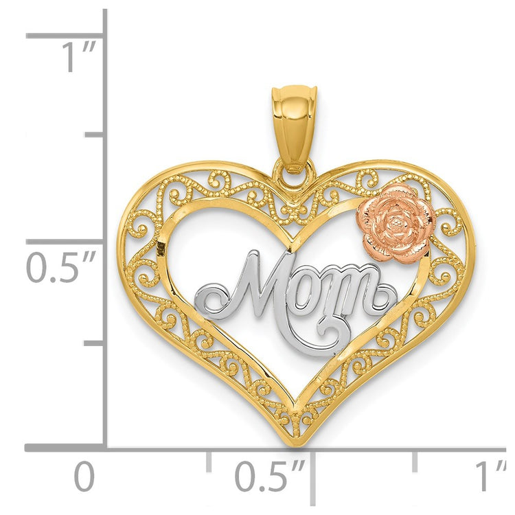 14k Two-tone with White Rhodium Diamond-cut MOM in Heart with Rose Pendant