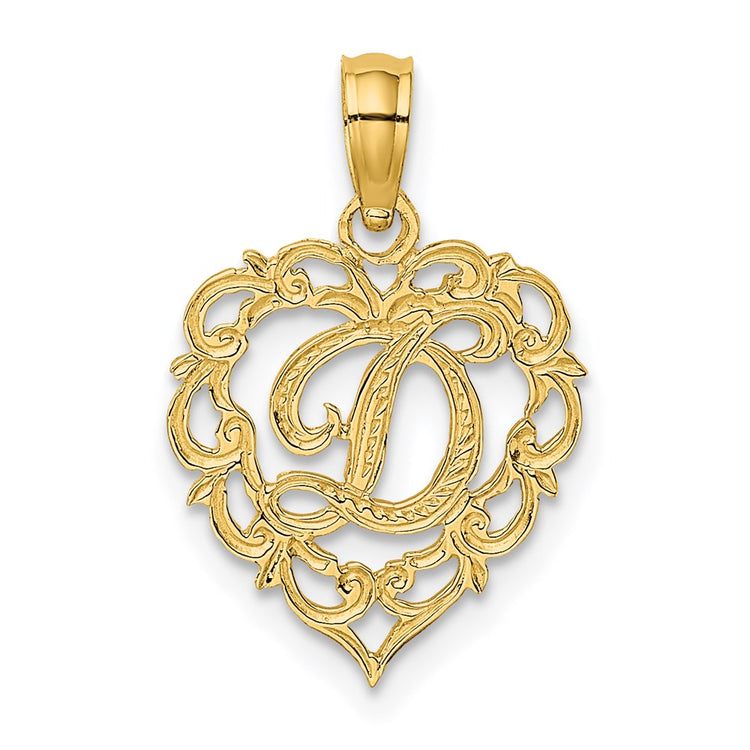 14K Yellow Gold Heart Script Letter D Initial Charm