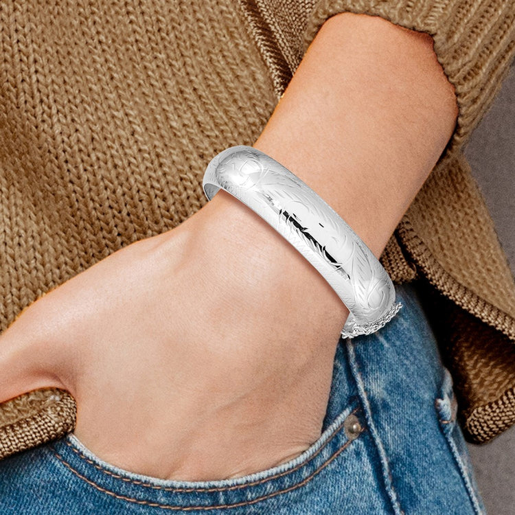 Sterling Silver Rhodium-Plated D/C 10.25mm Hinged Bangle Bracelet