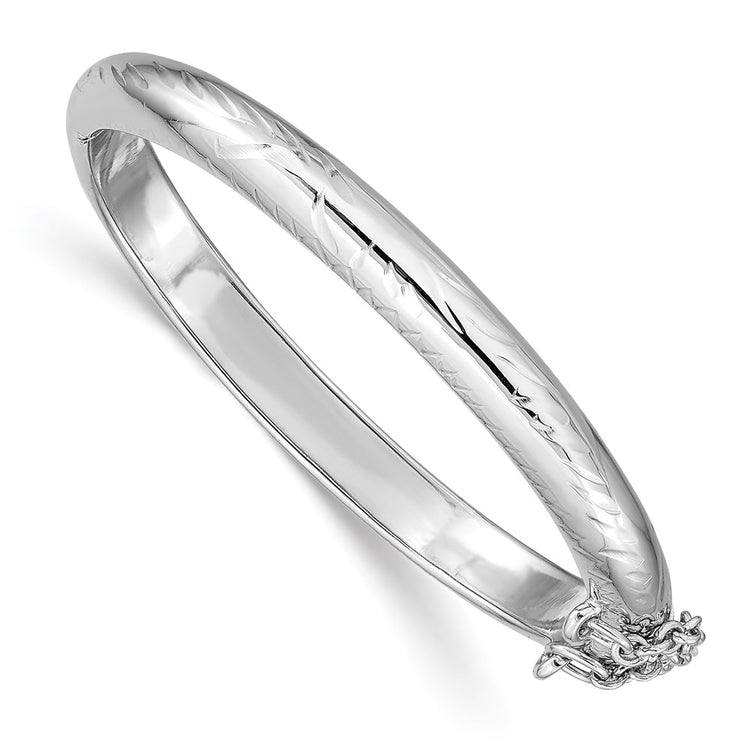 Sterling Silver Rhodium-Plated Polished & Diamond-cut 4mm with Safety Clasp Hinged Children's Bangle