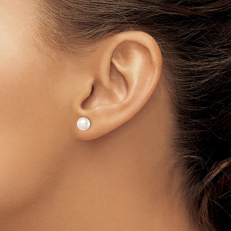 Sterling Silver Rhodium-plated 7-8mm White Round Freshwater Cultured Pearl Post Earrings