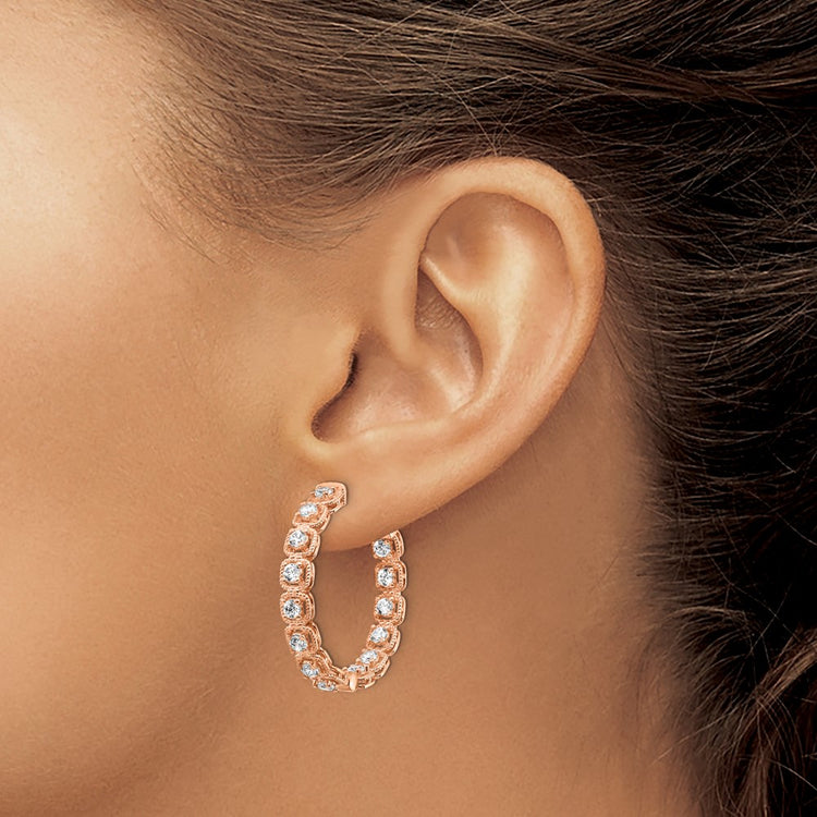Sterling Shimmer Sterling Silver Rose-tone Rose Flash Gold-plated 28 Stone 2.5mm CZ In and Out Round Hinged Hoop Earring