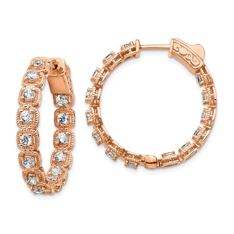 Sterling Shimmer Sterling Silver Rose-tone Rose Flash Gold-plated 28 Stone 2.5mm CZ In and Out Round Hinged Hoop Earring