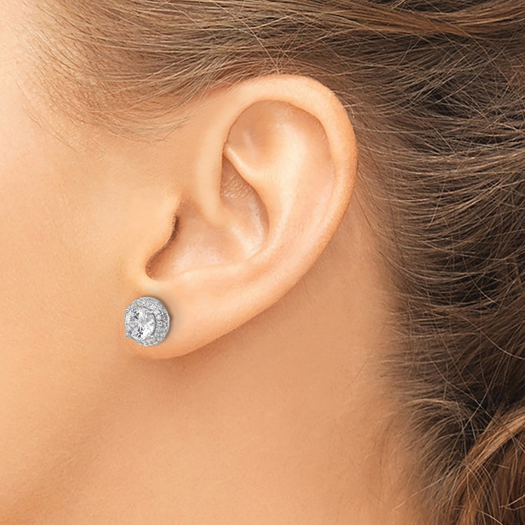 Sterling Silver 6mm Double Halo CZ Stud Earrings - view 3