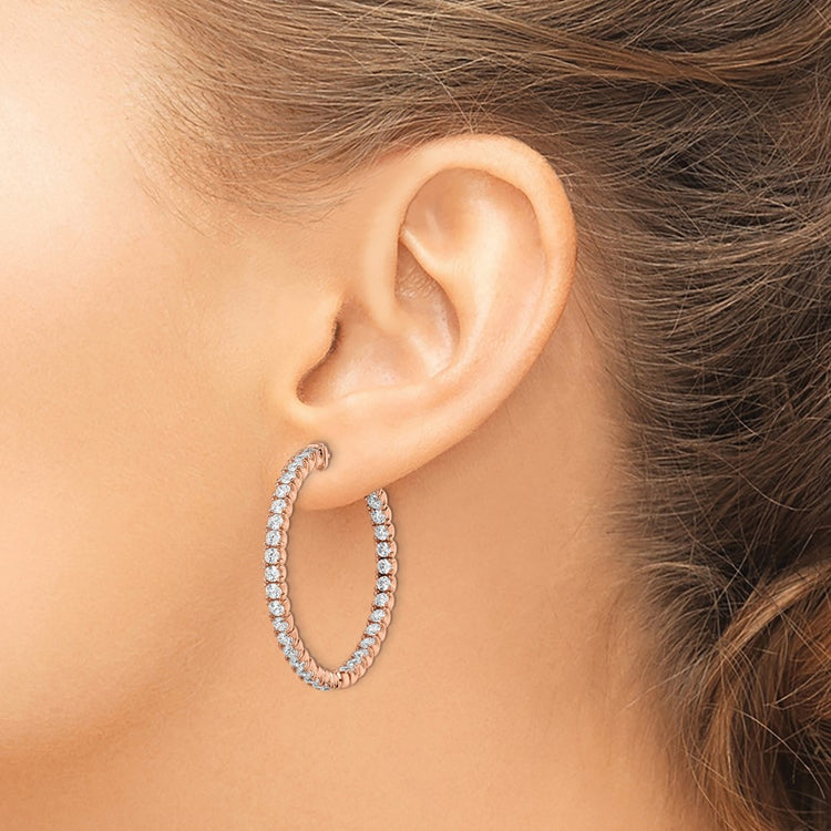Sterling Shimmer Sterling Silver Rose-tone Flash Rose Gold-plated 68 Stone 2.25mm CZ In and Out Round Hinged Hoop Earrin