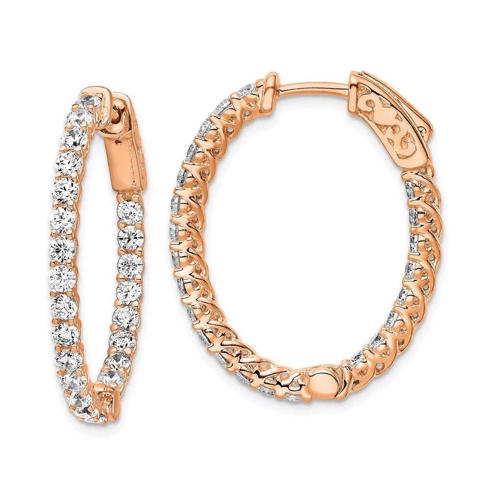 Sterling Shimmer Sterling Silver Rose-tone Flash Rose Gold-plated 46 Stone 2.25mm CZ In and Out Oval Hinged Hoop Earring
