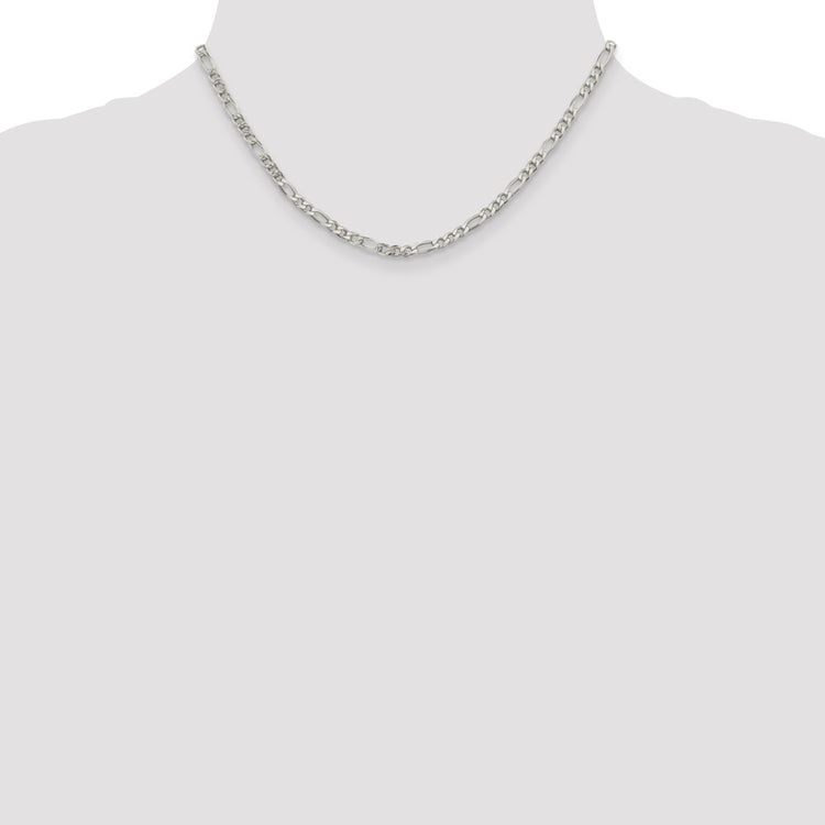 Sterling Silver 4MM Pavé Flat Figaro Chain Necklace Womens 16-24 Inch