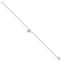 Sterling Silver Cherry Quartz Dangling Hearts on Figaro Link Anklet