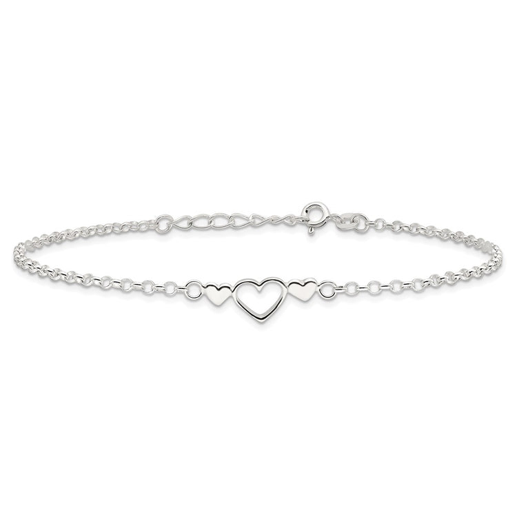 Sterling Silver Three Hearts  9 inch Plus 1 inch Extender - Total 10 inch Anklet