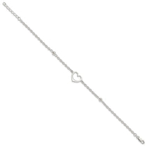 Sterling Silver Open Heart and Bead 9 inch Plus 1 inch Extender - Total 10 inch Anklet