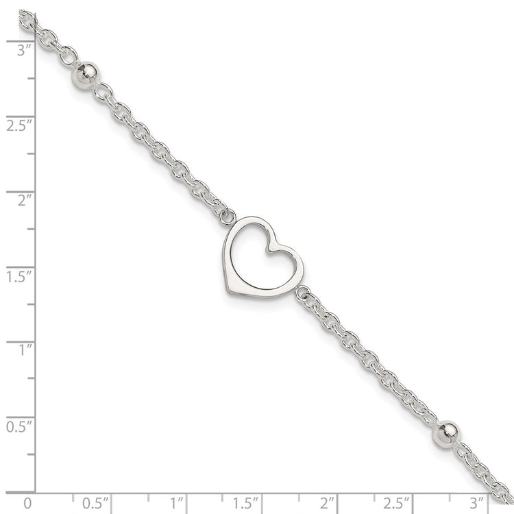 Sterling Silver Open Heart and Bead 9 inch Plus 1 inch Extender - Total 10 inch Anklet