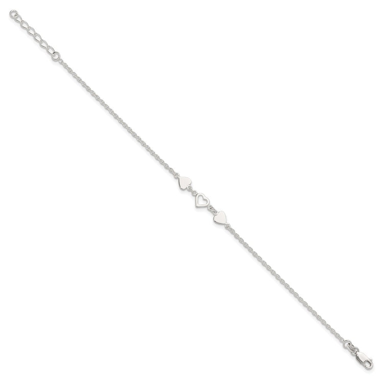 Sterling Silver Three Hearts 8 inch Plus 1 inch Extender - Total 9 inch Anklet