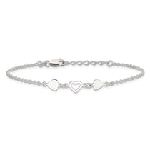 Sterling Silver Three Hearts 8 inch Plus 1 inch Extender - Total 9 inch Anklet