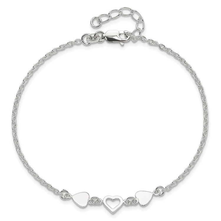 Sterling Silver Three Hearts 8 inch Plus 1 inch Extender - Total 9 inch Anklet