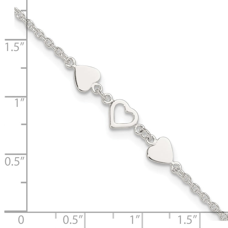 Sterling Silver Three Hearts 8 inch Plus 1 inch Extender - Total 9 inch Anklet