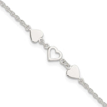 Sterling Silver Three Hearts 8 inch Plus 1 inch Extender - Total 9 inch Anklet