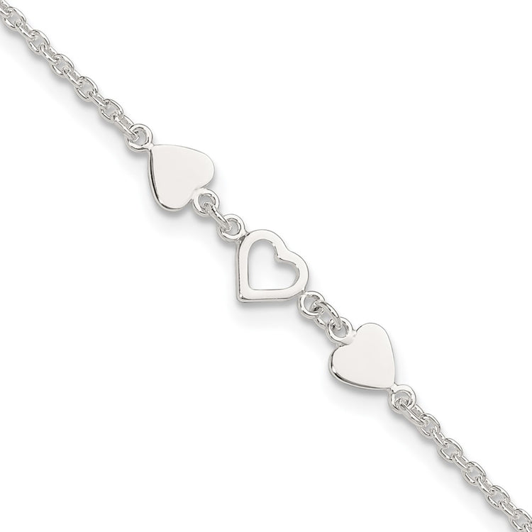 Sterling Silver Three Hearts 8 inch Plus 1 inch Extender - Total 9 inch Anklet