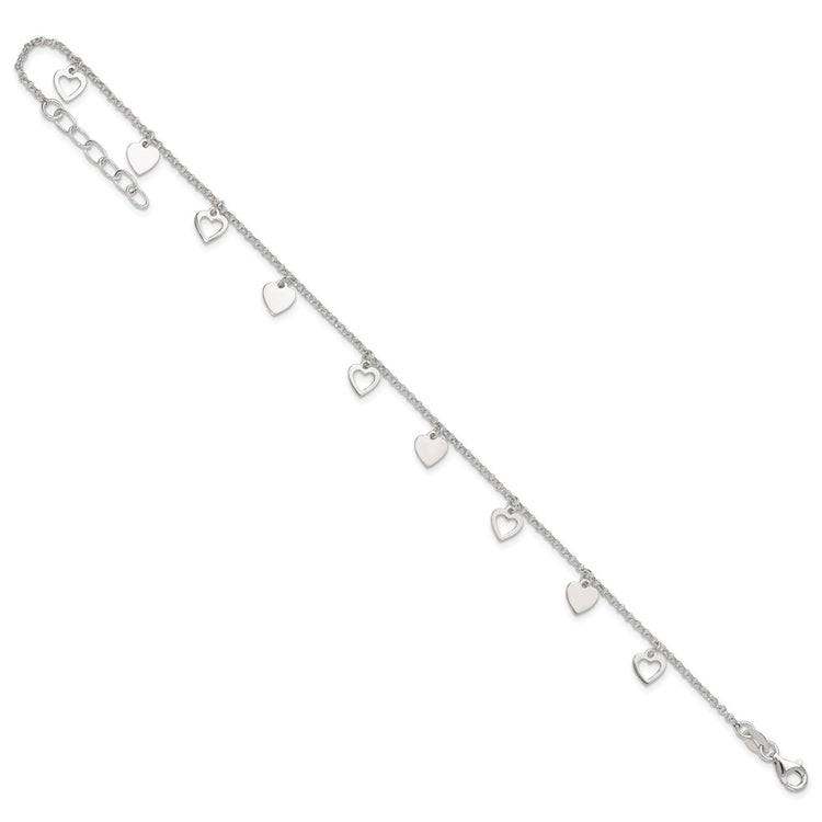 Sterling Silver Double Heart 9 inch Plus 1 inch Extender - Total 10 inch Anklet