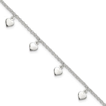 Sterling Silver Polished Hearts Anklet