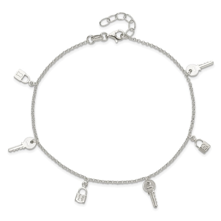 Sterling Silver Lock and Key 9 inch Plus 1 inch Extender - Total 10 inch Anklet