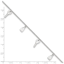 Sterling Silver Lock and Key 9 inch Plus 1 inch Extender - Total 10 inch Anklet