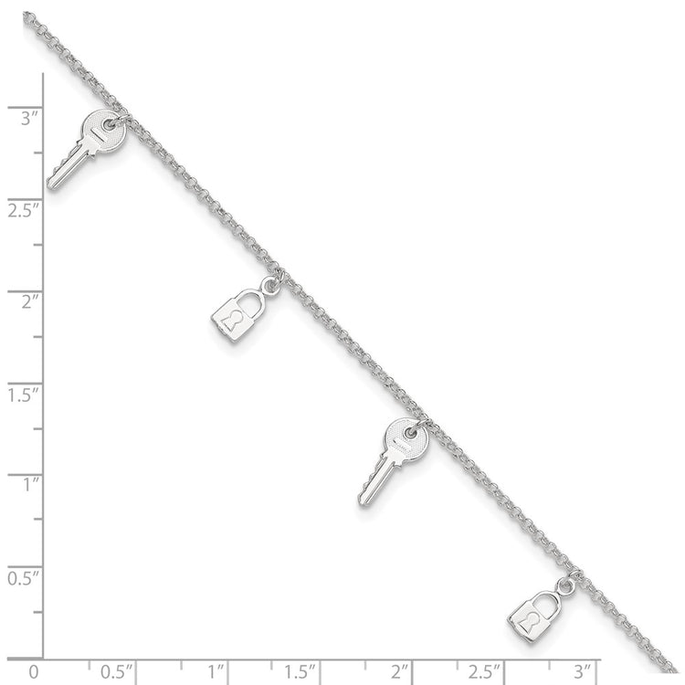 Sterling Silver Lock and Key 9 inch Plus 1 inch Extender - Total 10 inch Anklet