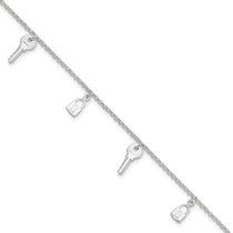 Sterling Silver Lock and Key 9 inch Plus 1 inch Extender - Total 10 inch Anklet
