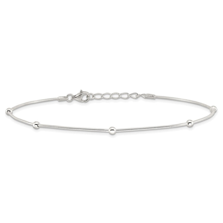 Sterling Silver Beads 5-Station 9 inch Plus 1.5 inch Extender - Total 10.5 inch Anklet