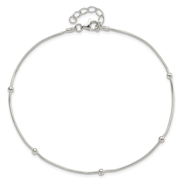 Sterling Silver Beads 5-Station 9 inch Plus 1.5 inch Extender - Total 10.5 inch Anklet