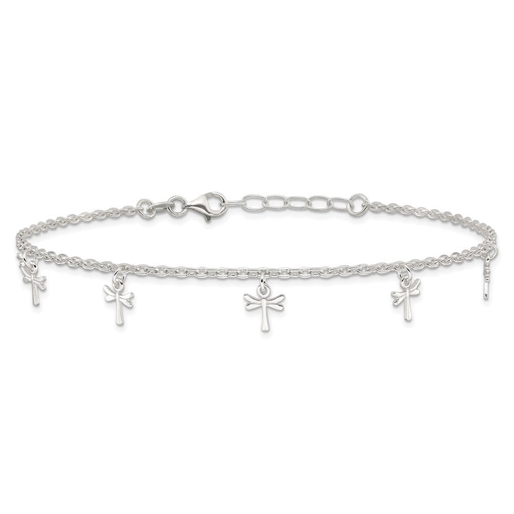 Sterling Silver Dragonfly Charms 9 inch Plus 1 inch Extender - Total 10 inch Anklet