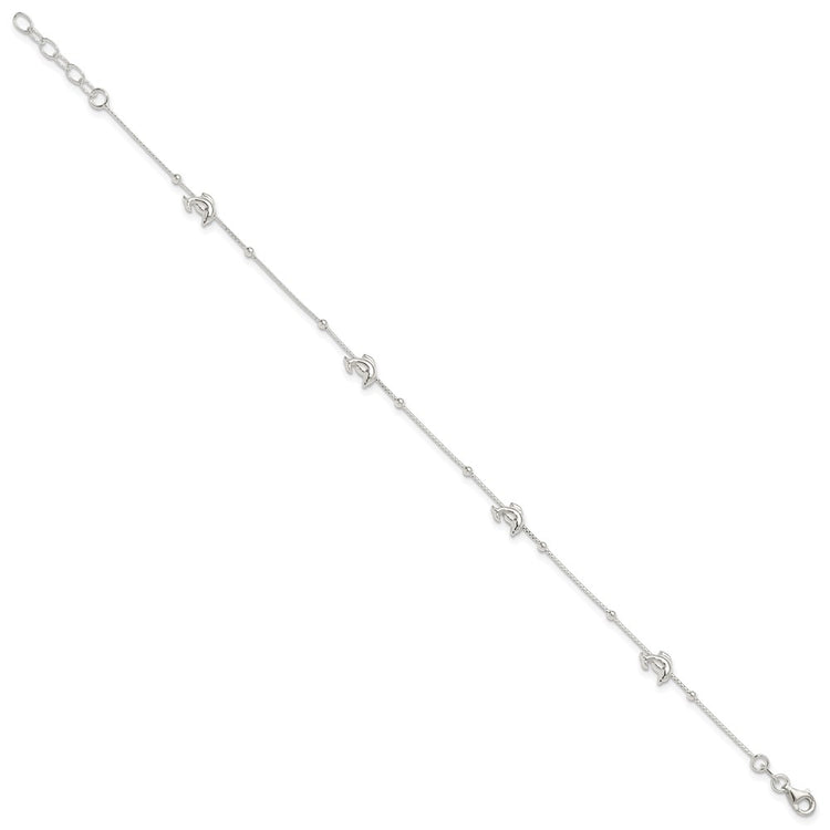 Sterling Silver Dolphins and Beads 4-Station 9 inch Plus 1 inch Extender - Total 10 inch Anklet