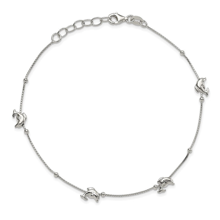 Sterling Silver Dolphins and Beads 4-Station 9 inch Plus 1 inch Extender - Total 10 inch Anklet