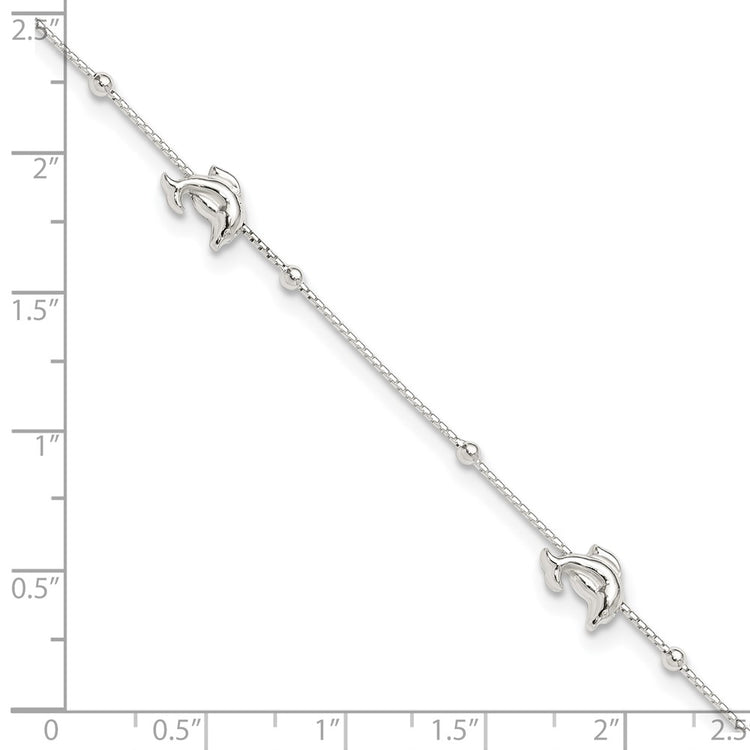 Sterling Silver Dolphins and Beads 4-Station 9 inch Plus 1 inch Extender - Total 10 inch Anklet