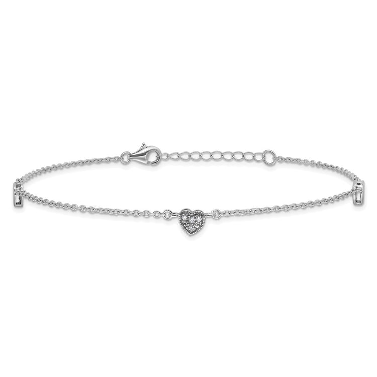 Sterling Silver Rhodium-plated CZ Heart 9 inch Plus 1 inch Extender - Total 10 inch Anklet