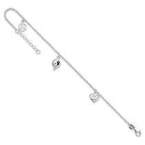 Sterling Silver Heart/YinYang/Peace Sign 8 inch Plus 1 inch Extender - Total 9 inch Anklet