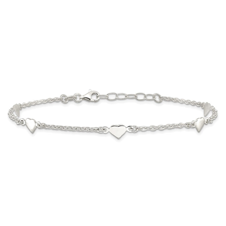 Sterling Silver Hearts 5-Station 9 inch Plus 1 inch Extender - Total 10 inch Anklet
