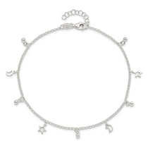 Sterling Silver Star and Moon 9 inch Plus 1 inch Extender - Total 10 inch Anklet