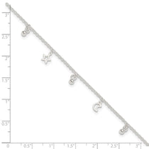 Sterling Silver Star and Moon 9 inch Plus 1 inch Extender - Total 10 inch Anklet